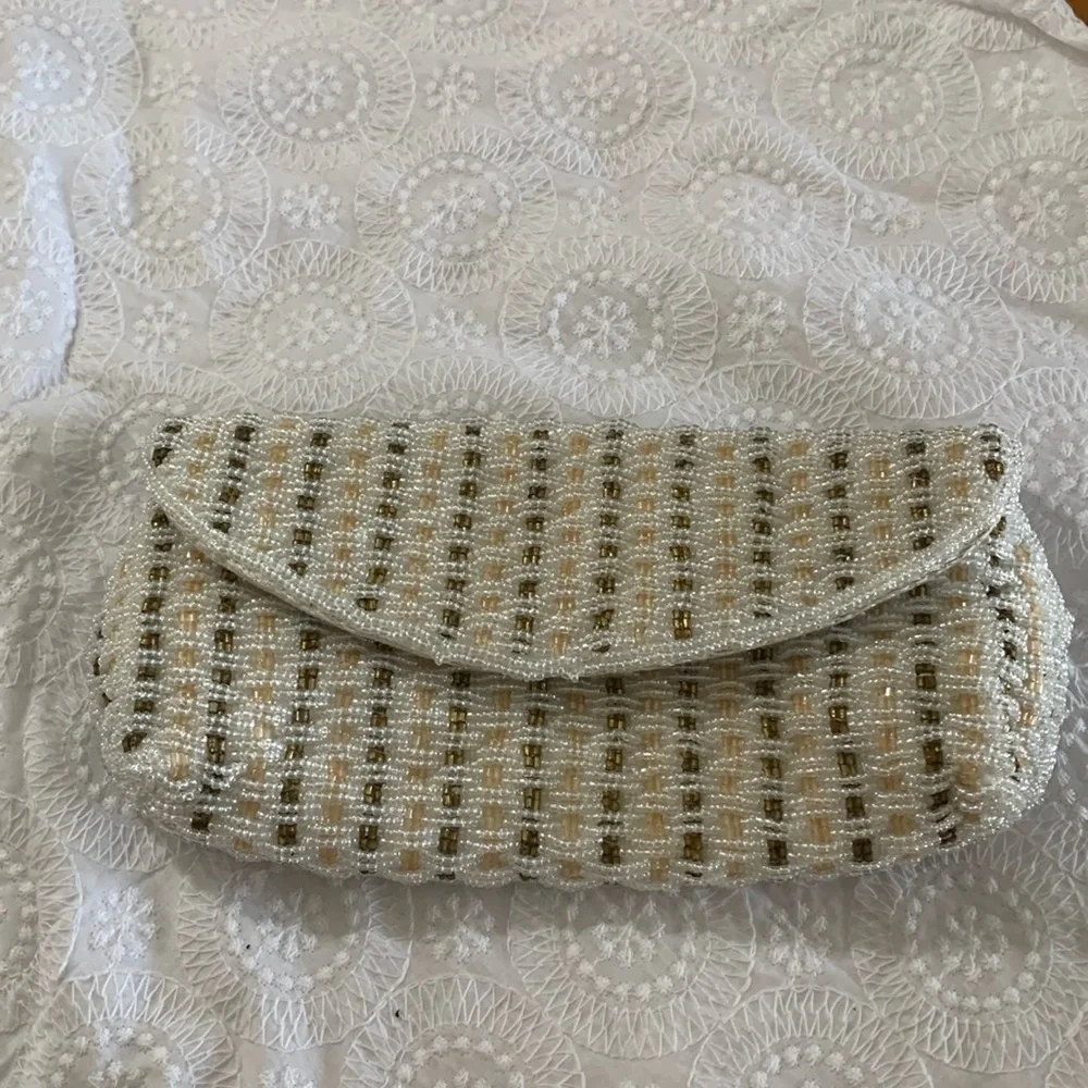 Moni Couture stunning ivory bronze beaded clutch shoulder evening formal bag EUC